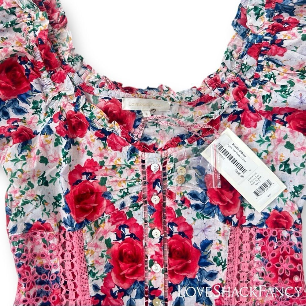 LoveShackFancy **NWT** Bryant Ruffle Trim Button Front Top in Rush of Red Floral - Picture 14 of 16